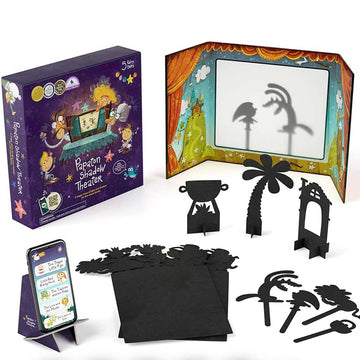Shadow puppet theater set with packaging, shadow puppets, and smartphone app on a white background